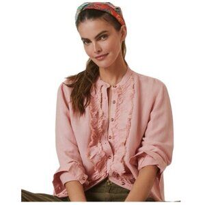 PILCRO Anthropologie Ruffle Placket Blouse Button Up Linen Blend Women's Small